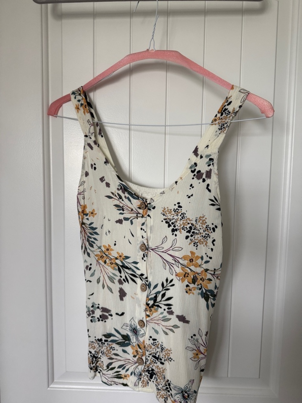 MAURICES Floral Button-Front Cream Tank Top with Mustard & Green Accents